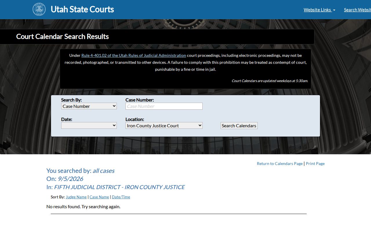 Iron County court dates search fields
