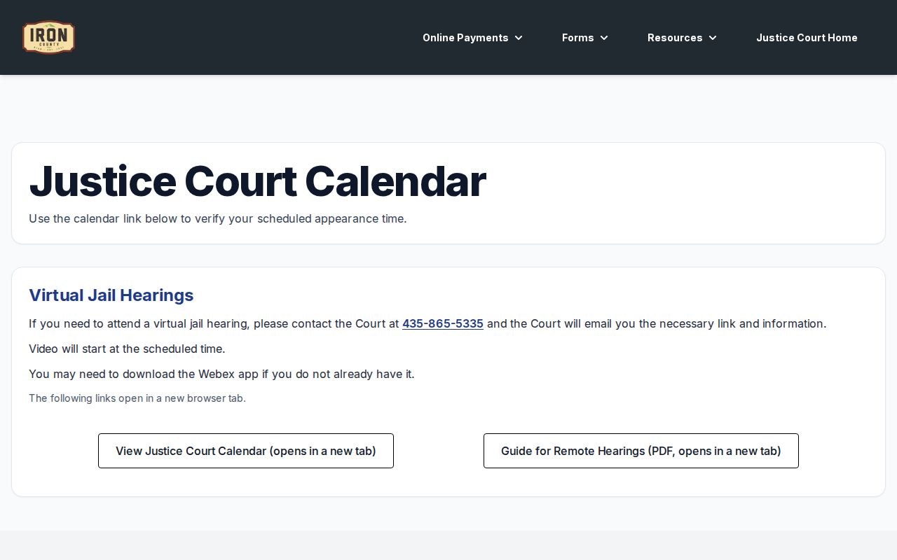 Iron County court dates and Webex verification