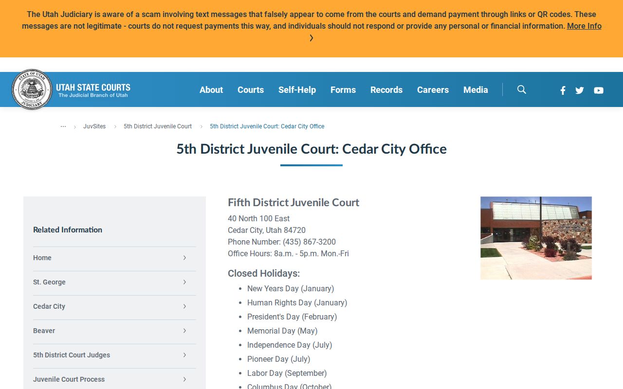 Cedar City juvenile court record office address and phone
